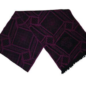 Versace Burgundy/Dark Pink & Black Medusa Print Fringed Scarf Pre-Owned